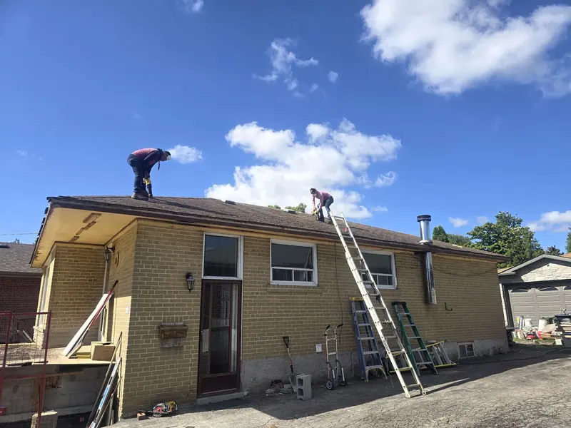 Bungalow roof repair crew ladders